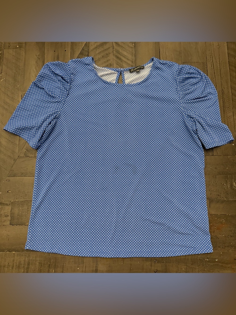 Adrianna Papell Blue Blouse with White Polka Dots